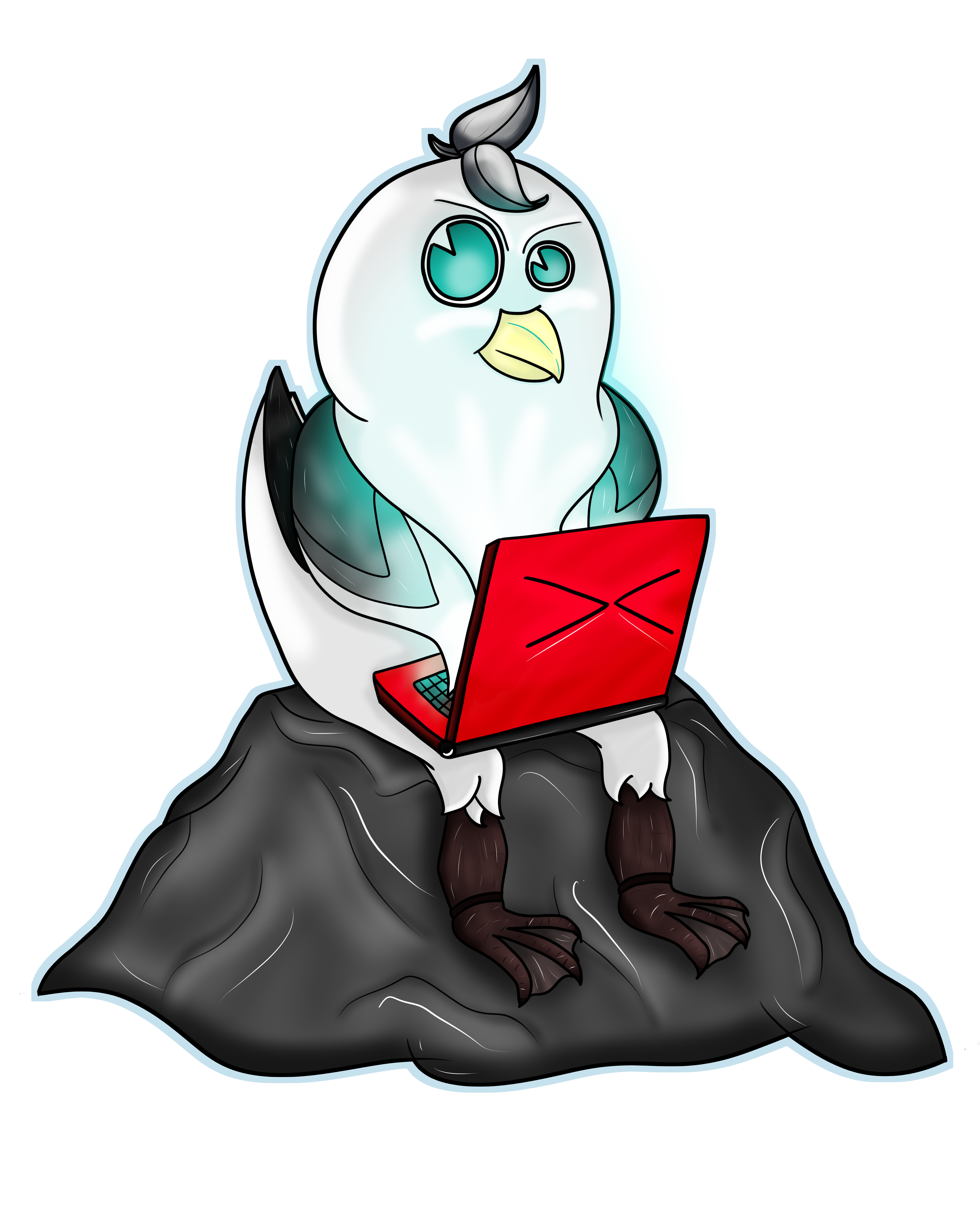 Logo du site un pigeon rissa assie sur un caillou pianontant sur un ordinateur