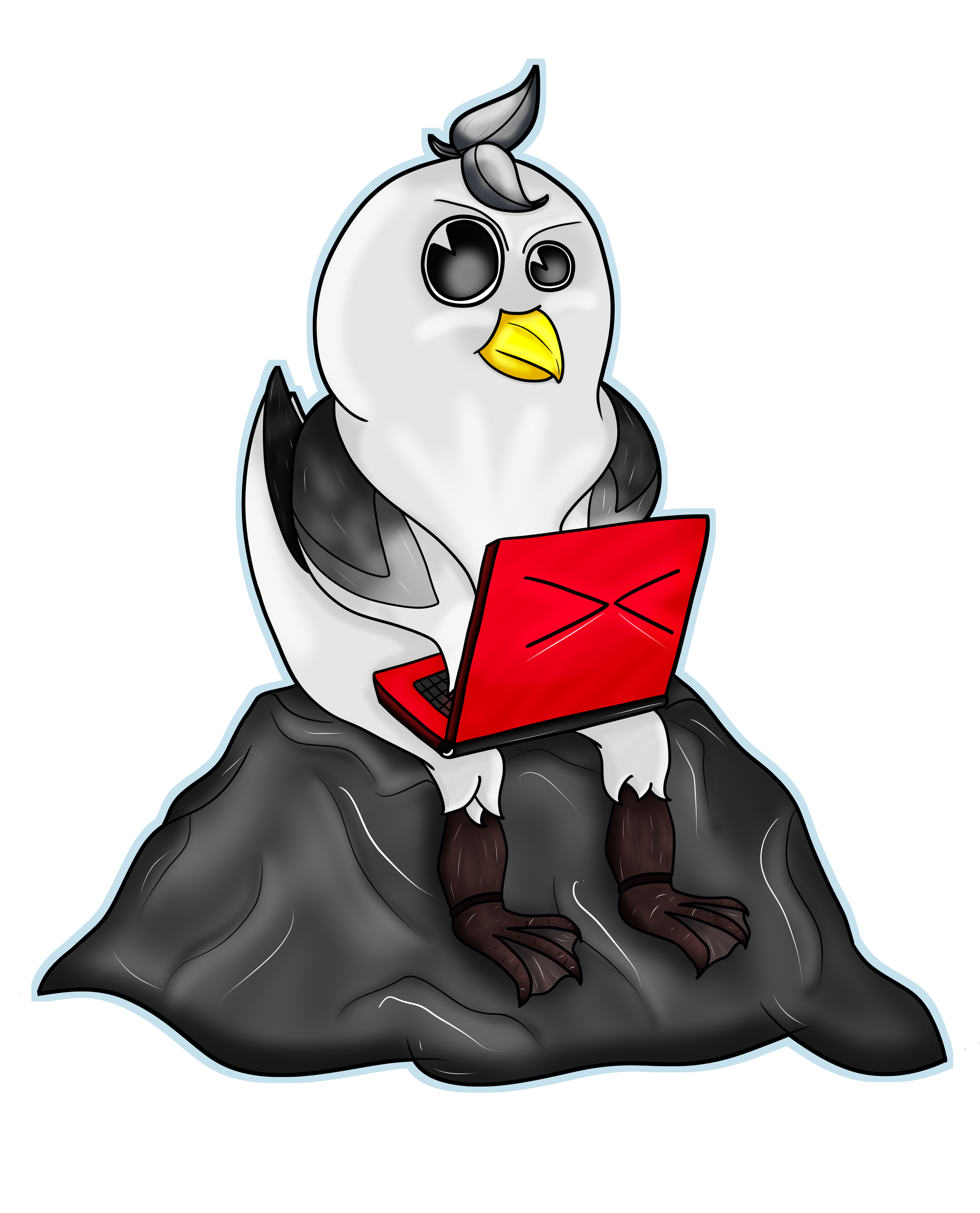 Logo du site un pigeon rissa assie sur un caillou pianontant sur un ordinateur dans le noir