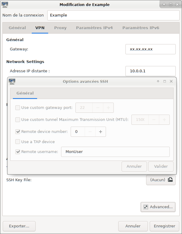 Fenetre avancée de configuration